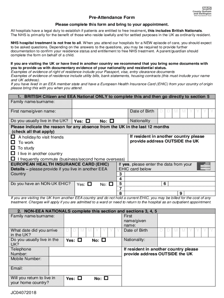 PreAttendance Form Please Complete This Form and B