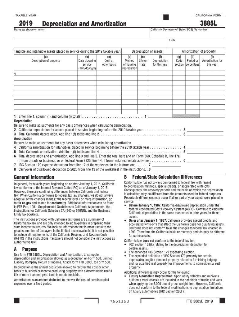  California Form 3885 L Depreciation and Amortization , California Form 3885 L, Depreciation and Amortization 2019