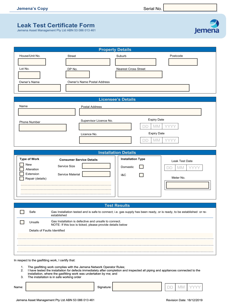 Gas Leak Certificate  Form