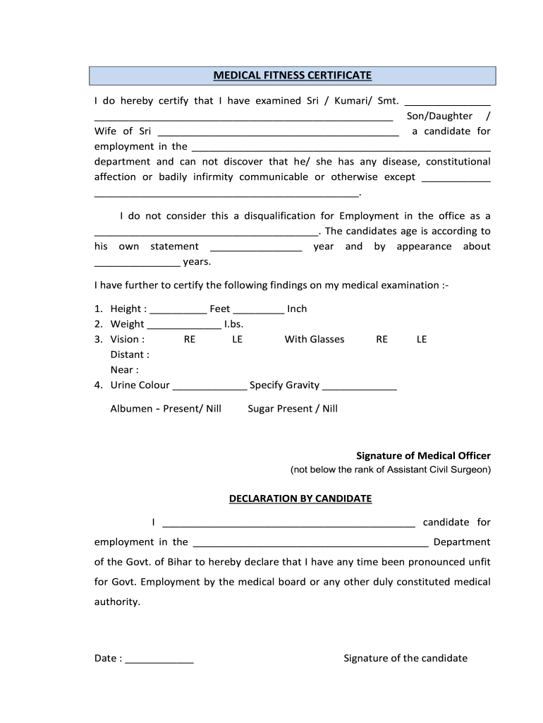 Medical Fitness Certificate for Joining New Job  Form