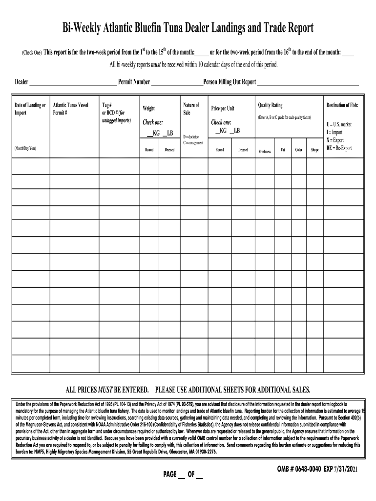 Bi Weekly Atlantic Bluefin Tuna Dealer Report Form