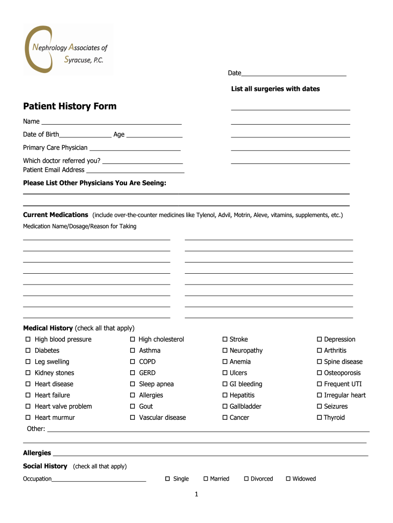 Patient History Form Nephrology Syracuse