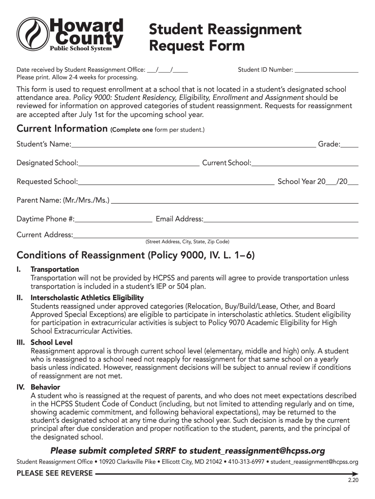 Student Reassignment Request Form Updated February 2020-2025