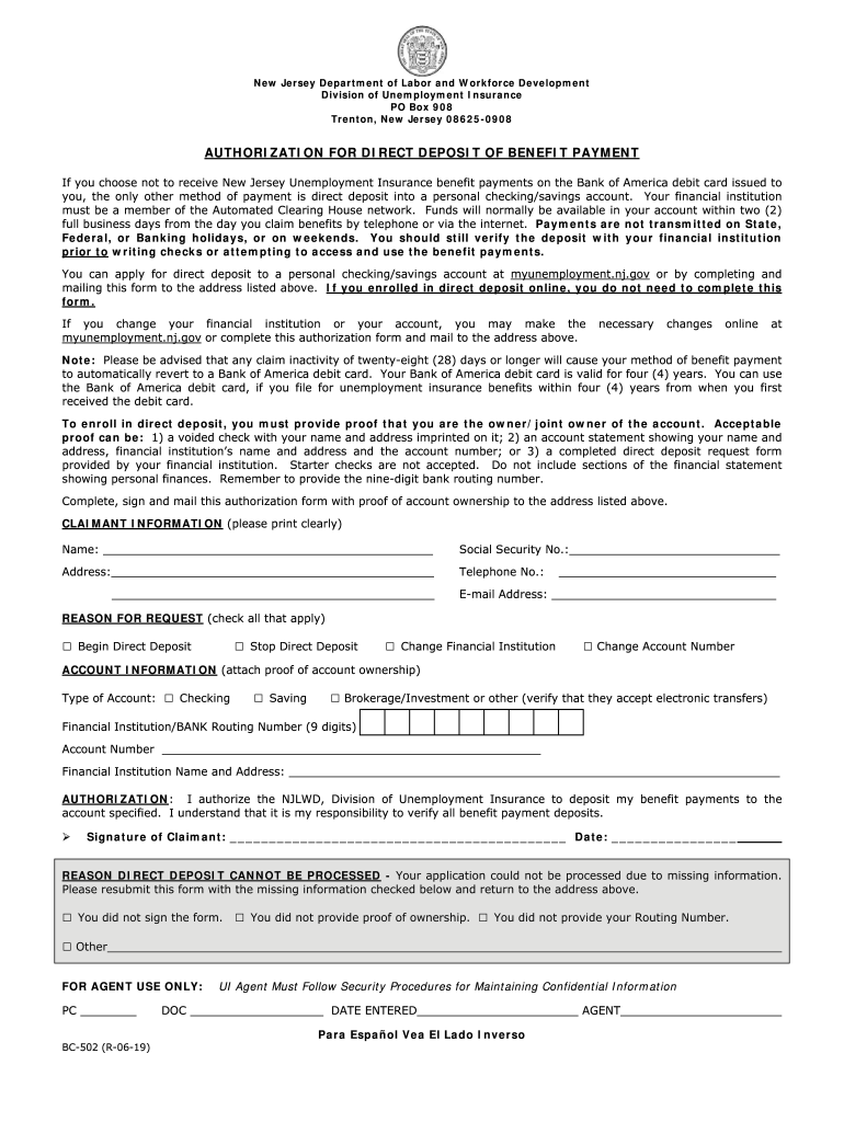 Get and Sign Authorization for Direct Deposit of Benefit Payment NJ 2019-2022 Form