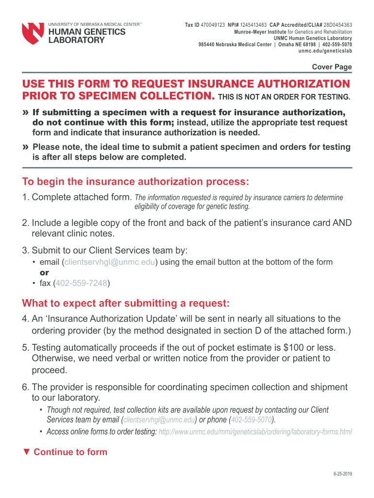 Use This Form to Request Insurance Authorization UNMC 2019