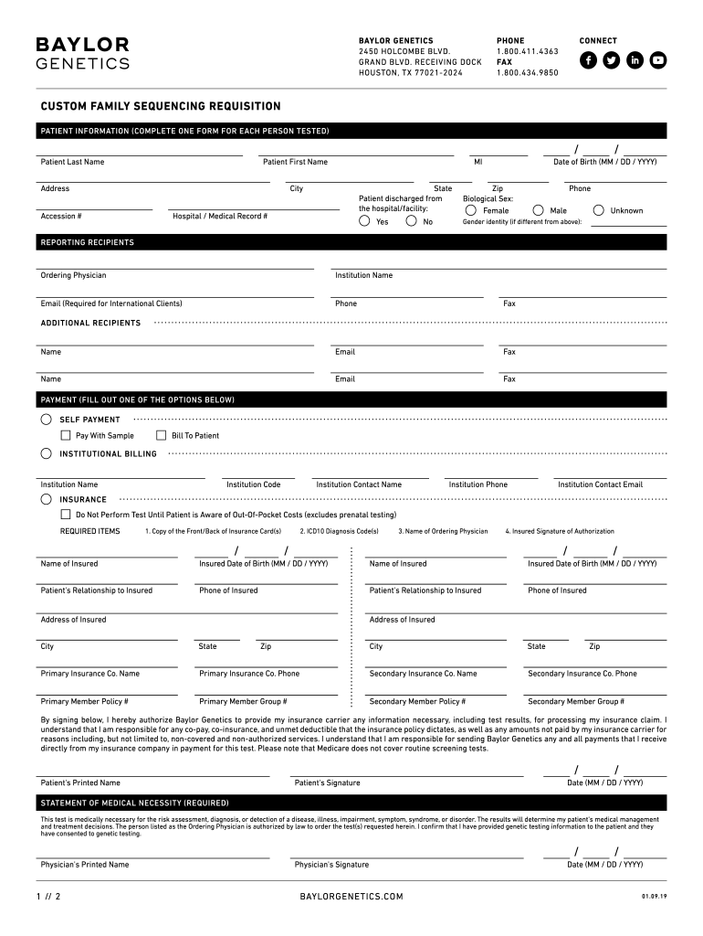  Custom Family Sequencing Requisition Baylor Genetics 2019-2024