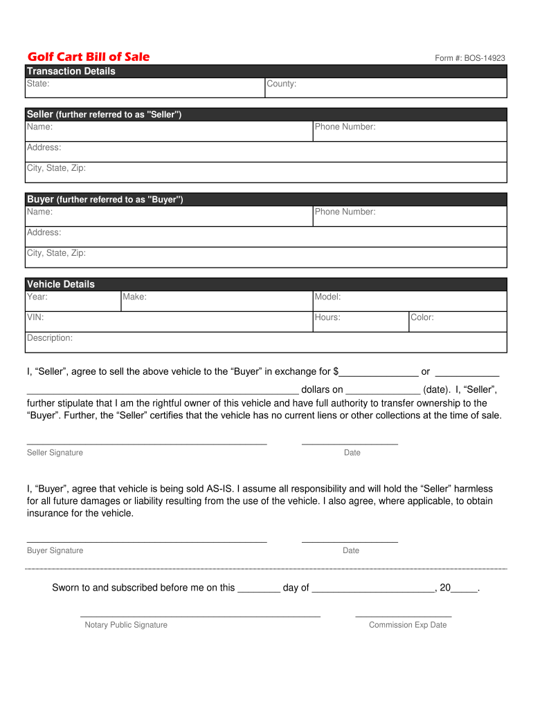 Golf Cart Bill of Sale Selling Docs  Form