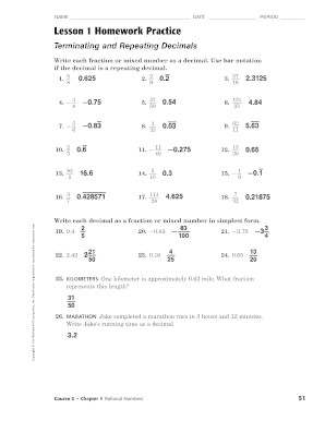 Lesson 1 Homework Practice Terminating and Repeating Decimals  Form