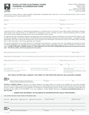 Texas Lottery Electronic Funds Transfer Authorization Form Txbingo