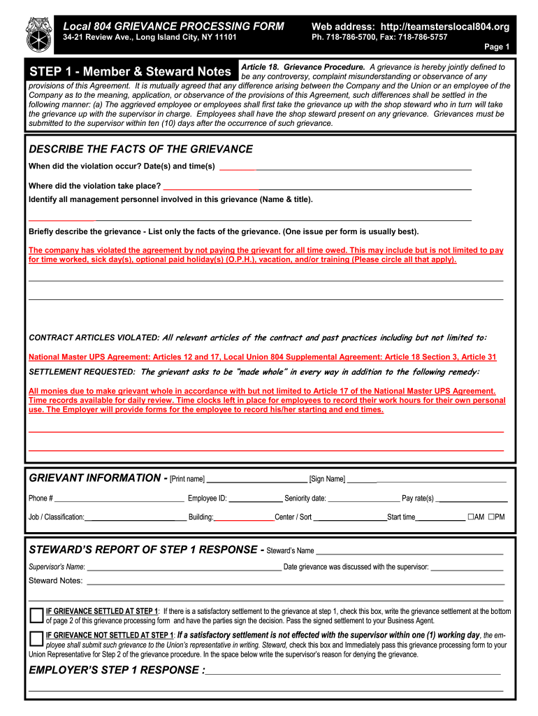 Incorrect Pay and Records Grievance Form  Teamsters Local 804  Teamsterslocal804 2013-2024