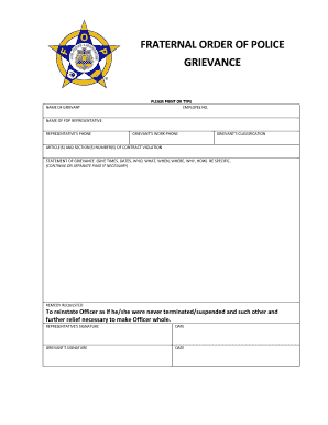 Blank Grievance Form Fraternal Order of Police