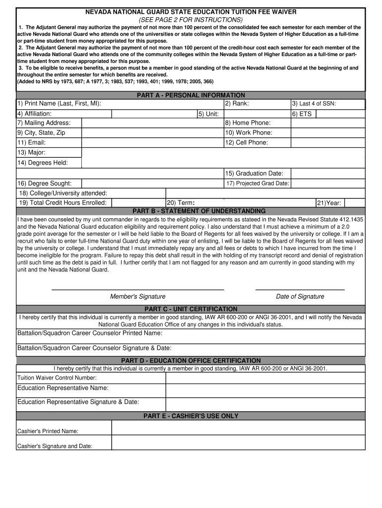 Nevada National Guard Tuition Waiver  Form