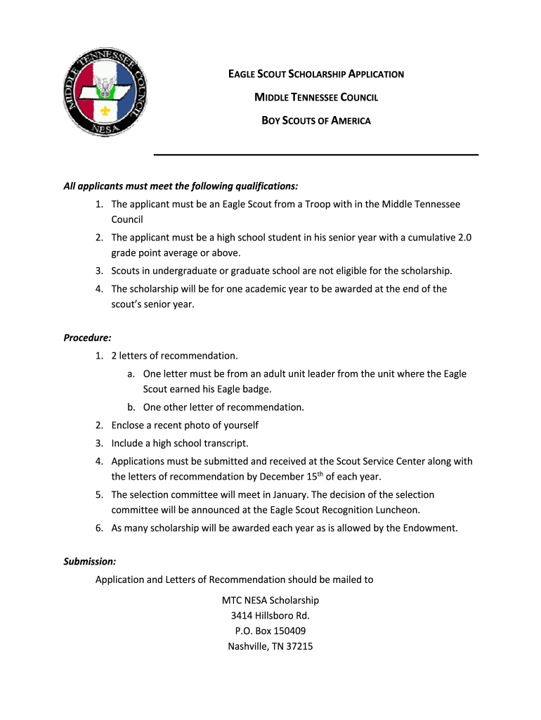 Eagle Scout Scholarship Application Middle Tennessee Council Mtcbsa  Form