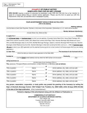 Form 2 B Affidavit of Publication Kentucky Department of Alcoholic Abc Ky
