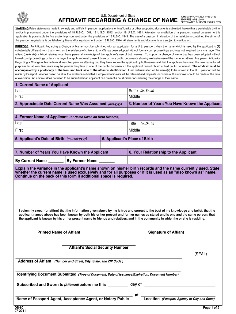  DS 60 for Affidavit Regarding a Change of Name American 2020-2024