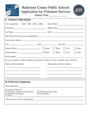 Baltimore County Public Schools Application for Volunteer Services Bcps  Form