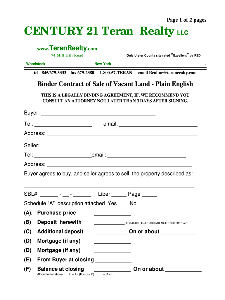  Binder Agreement Template 2003-2024