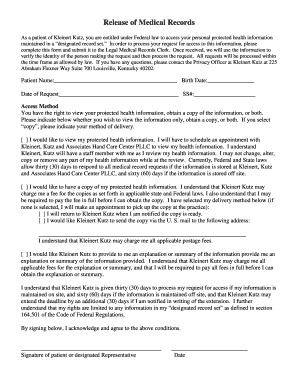 Kleinert Kutz Medical Records Form