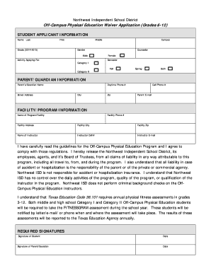 Off Campus Physical Education Waiver Application Northwest ISD Nisdtx  Form