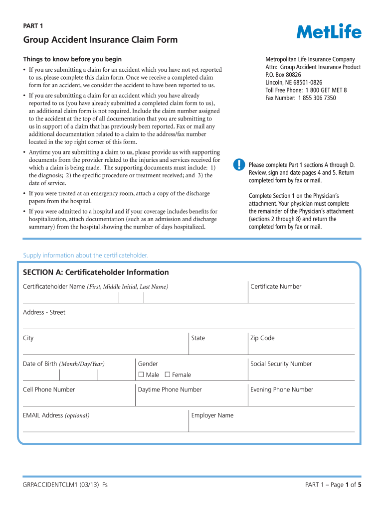  Metlife Accident Claim Form 2013-2024