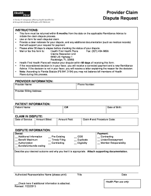 HFHP Provider Claim Dispute Request Form Health First Healthfirsthealthplans