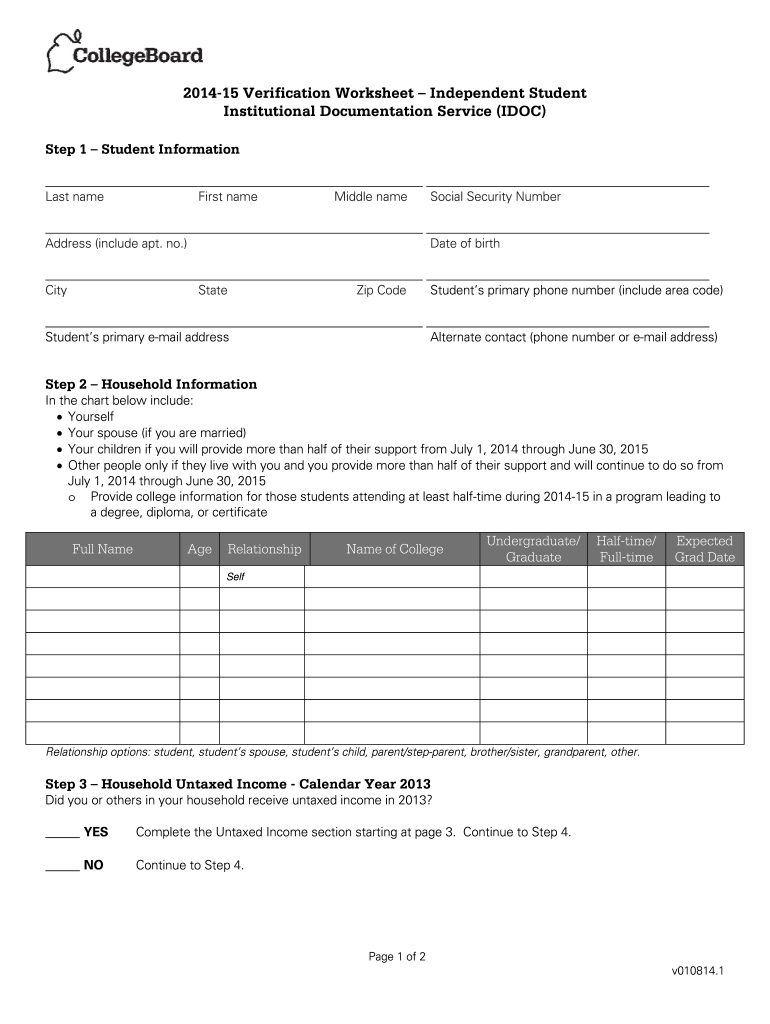  Idoc Verification Worksheet Household Information 2014