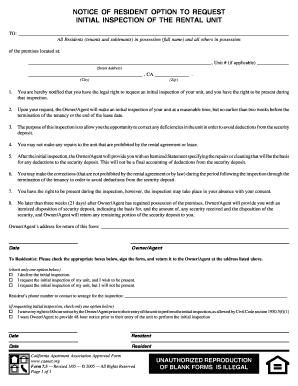 Notice of Resident&#039;s Option to Request an Initial Inspection  Form