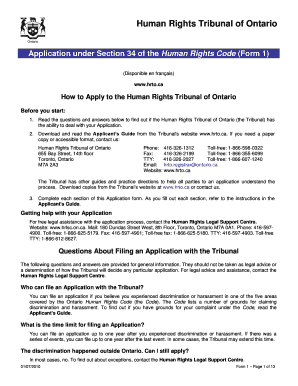  Human Rights Tribunal of Ontario Application under Section 34 of the Human Rights Code Form 1 Disponible En Fran Ais Www 2010-2024