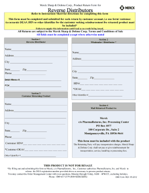 Merck Product Return Form for Reverse Distributor MerckVaccines