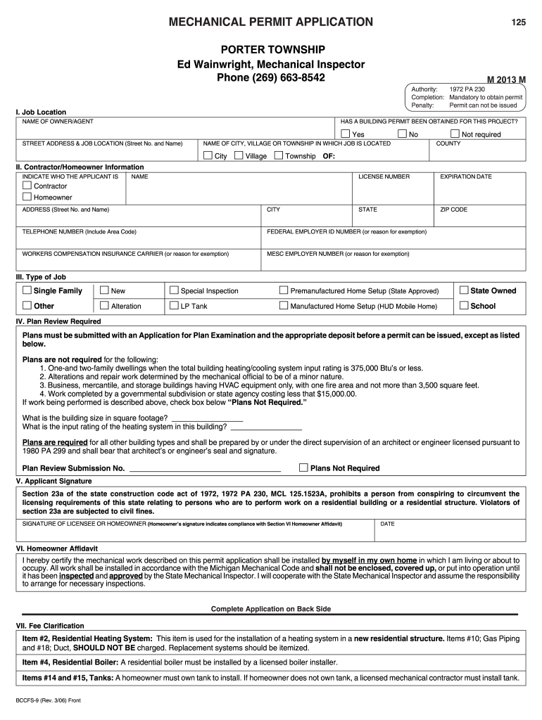  Mechanical Permit Application  Porter Township 2006-2024