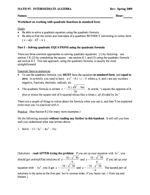 Quadratic Formula Fill in the Blank Worksheet
