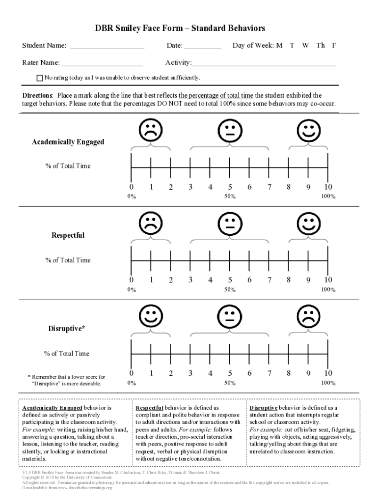 DBR Smiley Face Form Standard Behaviors Direct Behavior
