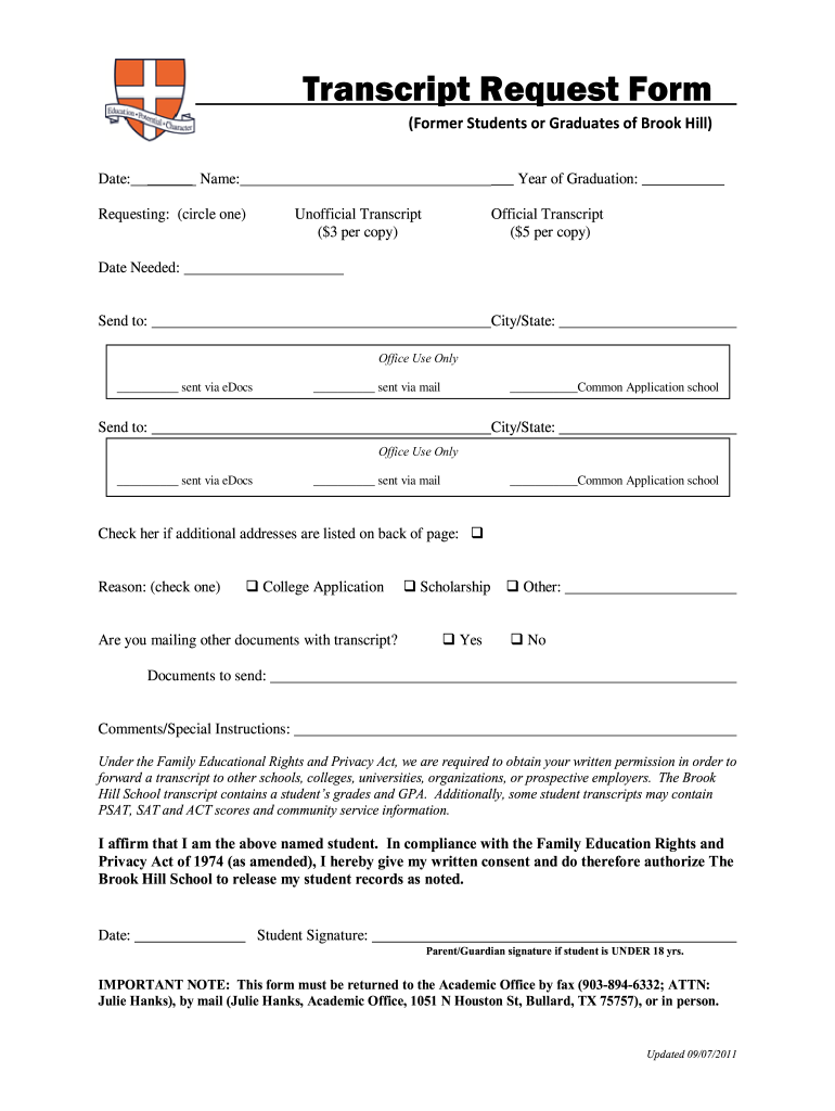 Transcript Request Form the Brook Hill School