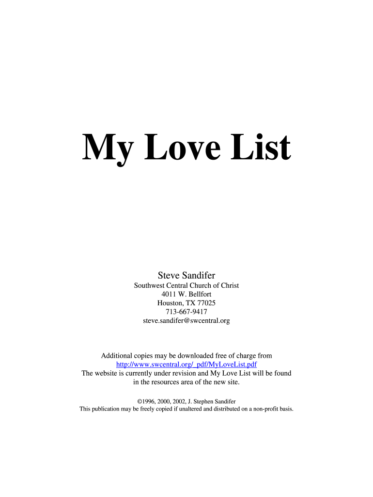 My Love List  Southwest Central Church of Christ  Form