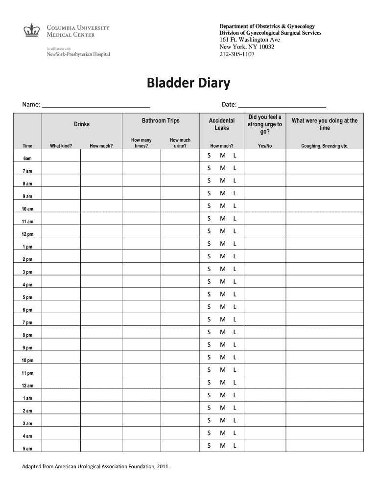 Bladder Diary Form pdfFiller Com