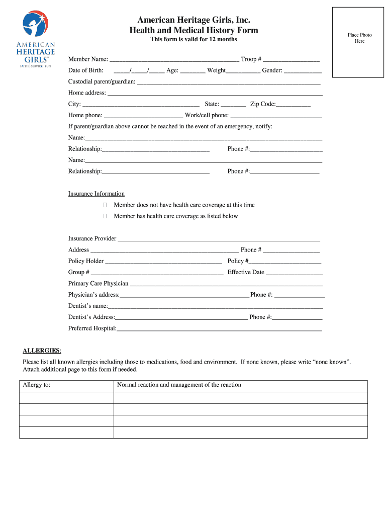  AHG Member Health and Medical History Form  Highlands Latin School 2010