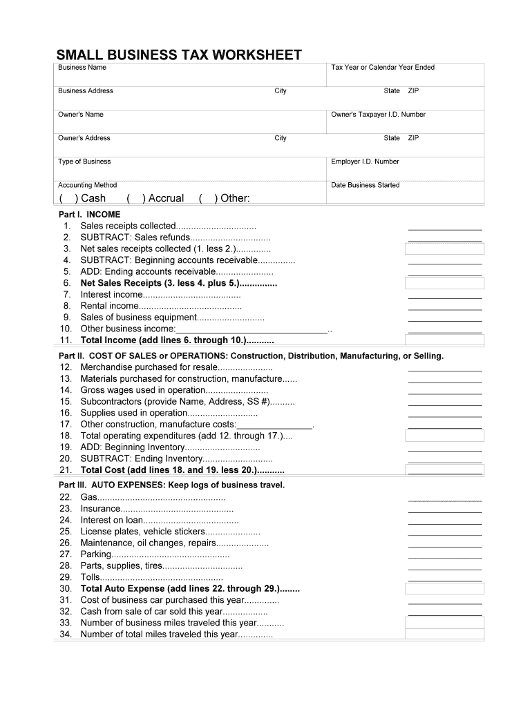 SMALL BUSINESS TAX WORKSHEET Independent Accountants Form
