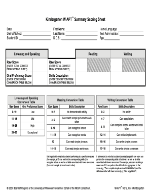 Kindergarten W Apt Summary Scoring Sheet  Form