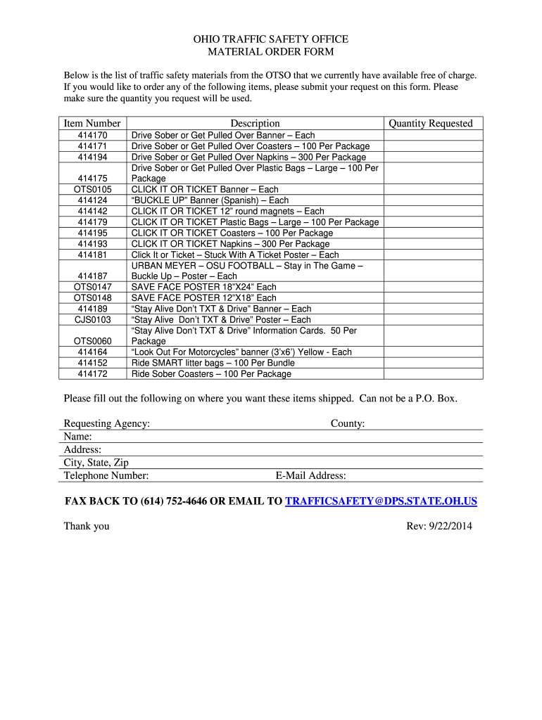  Ohio Traffic Safety Office Material Order Form 2014-2024