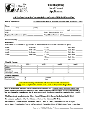 Application for Thanksgiving Basket  Form