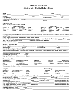 CSC HEALTH HISTORY FORM Columbia Skin Clinic