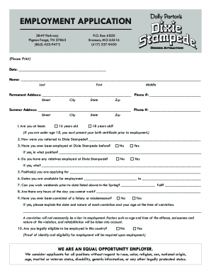 Dixie Stampede Employment  Form