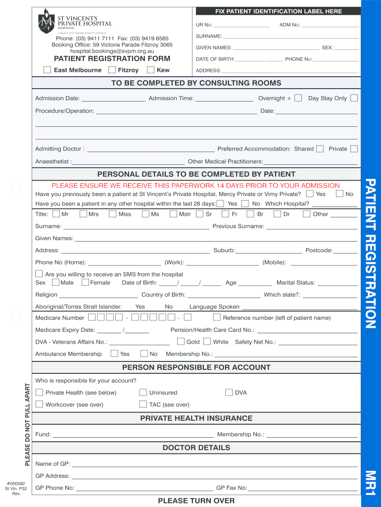  Patient Admission and Registration Form  St Vincent&#39;s Private Hospital 2013-2024