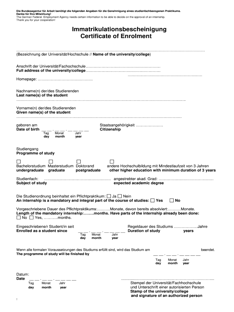 Immatrikulationsbescheinigung Zav  Form