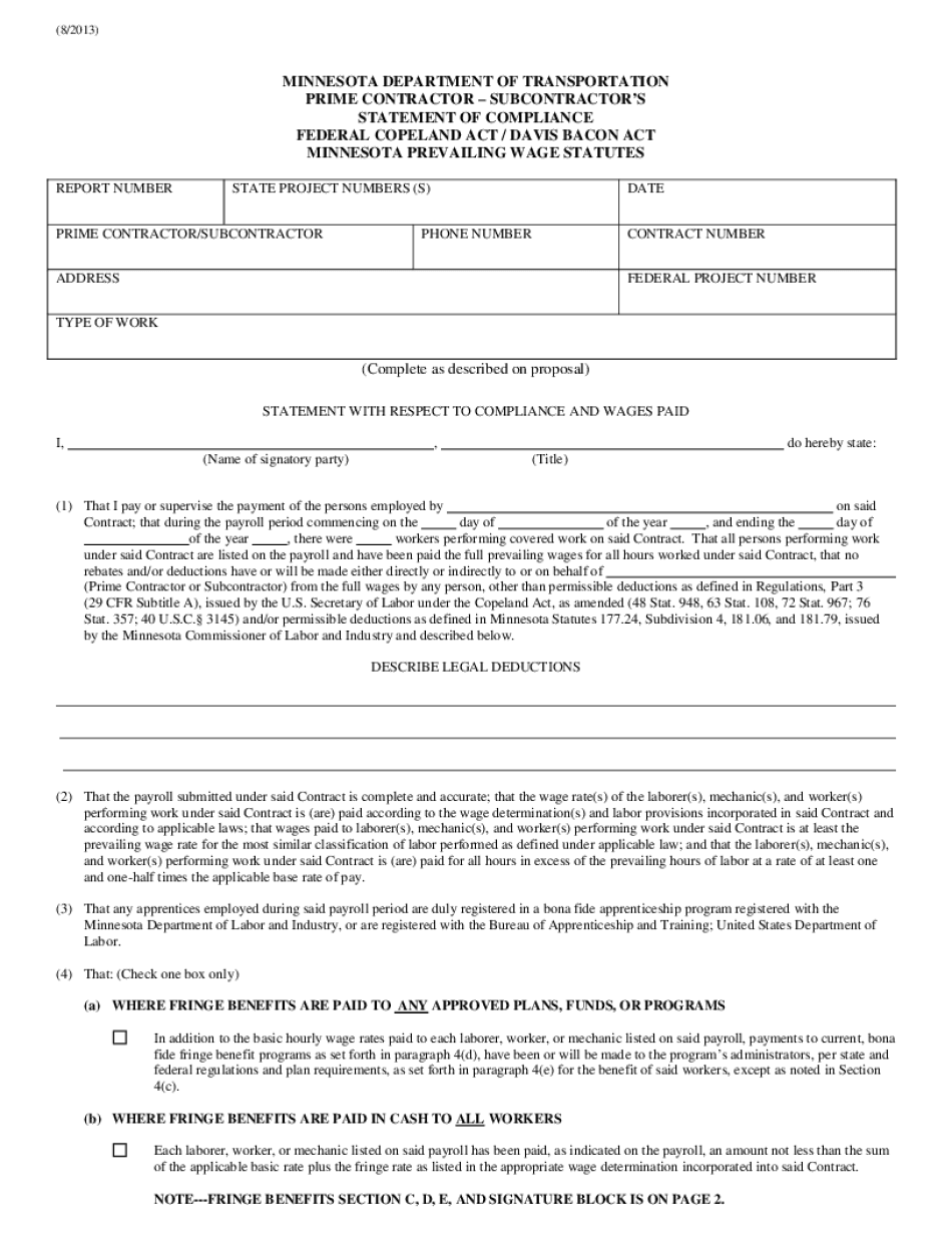  Prime Contractor Subcontractor&#39;s Statement of Compliance Form Mndot 2013-2024