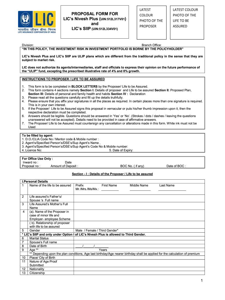 Lic Siip 852 Proposal Form