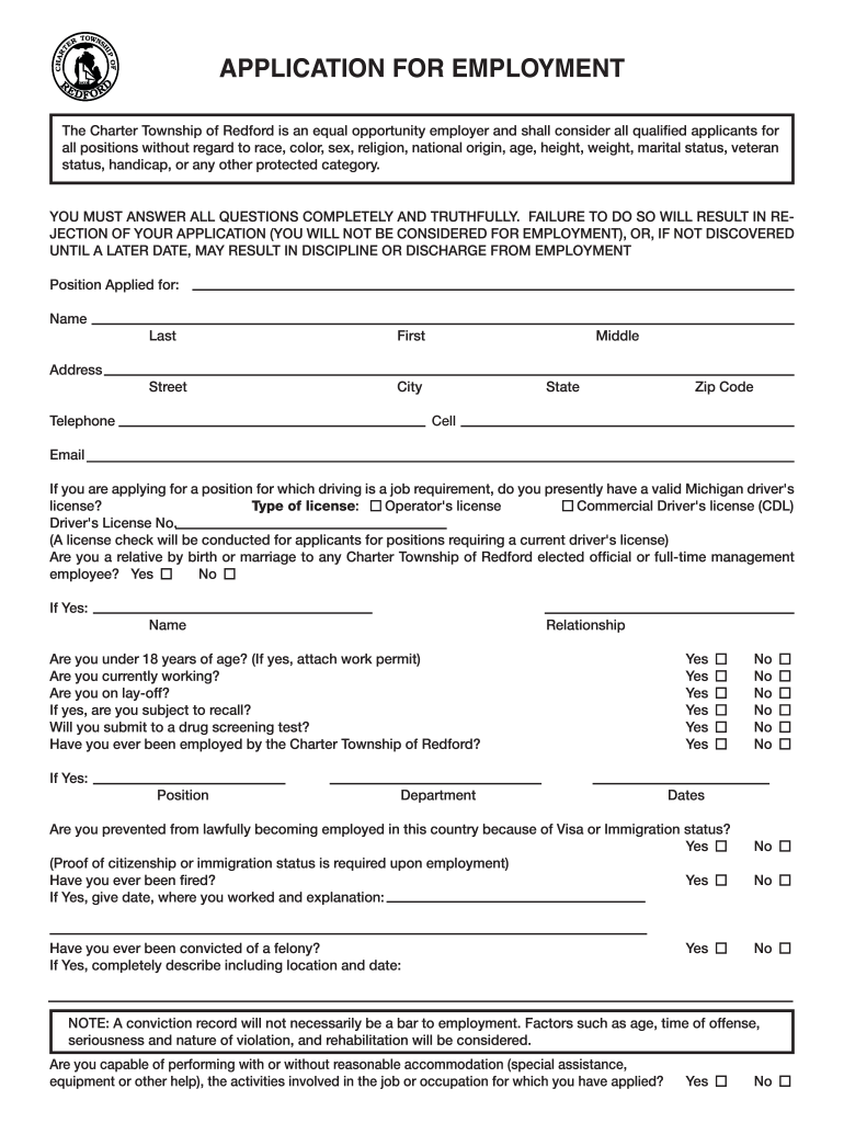 Fillable Online APPLICATION for EMPLOYMENT Redford Fax  Form