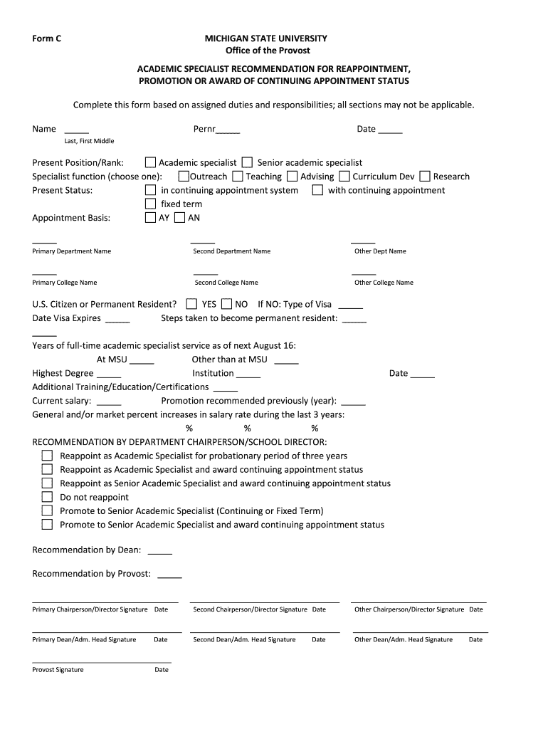 Standards for Appointment, Promotion and Tenure University  Form