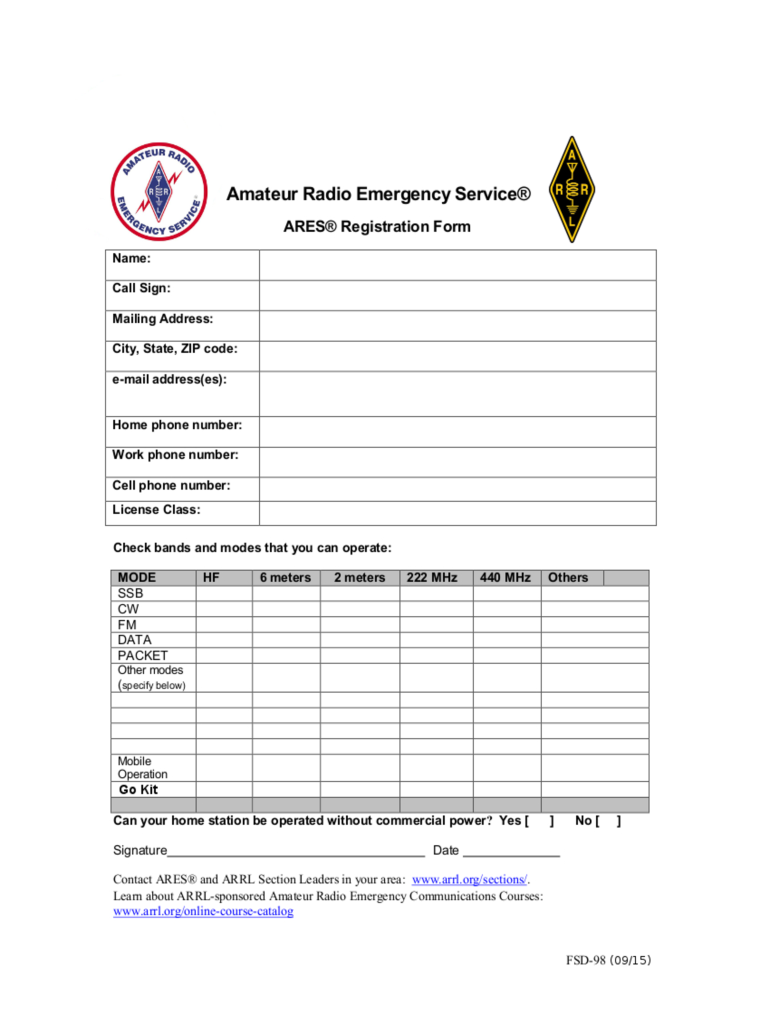  ARES Registration Form ARRL 2015-2024