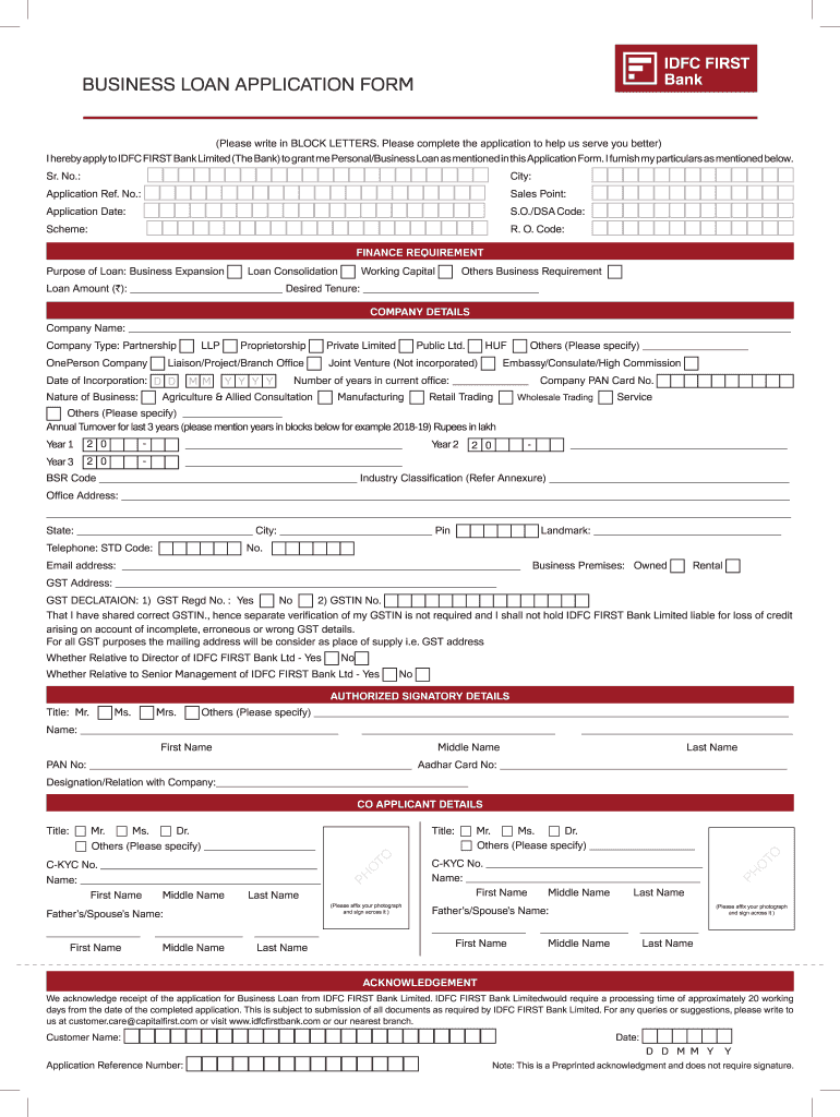 Business Loan Application Form IDFC Bank